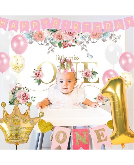 GERPARPY First Birthday Decorations Girl - Baby First One Year Old Girl Party Supplies Include Backdrop Crown Banner High Cha...