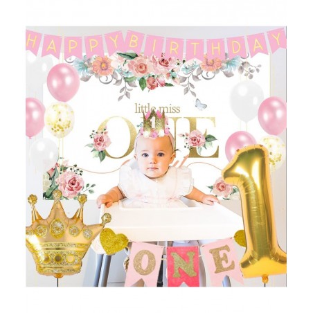 GERPARPY First Birthday Decorations Girl - Baby First One Year Old Girl Party Supplies Include Backdrop Crown Banner High Cha...