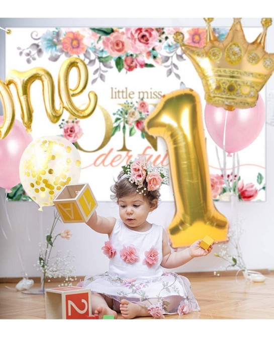 GERPARPY First Birthday Decorations Girl - Baby First One Year Old Girl Party Supplies Include Backdrop Crown Banner High Cha...