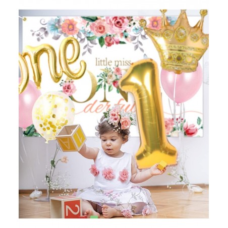 GERPARPY First Birthday Decorations Girl - Baby First One Year Old Girl Party Supplies Include Backdrop Crown Banner High Cha...