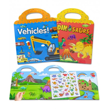 Reusable Sticker Book for Kids 2 Sets Dinosaur and Vehicles Moveable Scenes Activity Sticker Book Waterproof Toddler Sticker ...