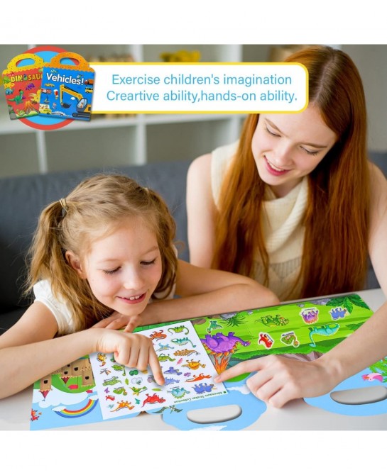 Reusable Sticker Book for Kids 2 Sets Dinosaur and Vehicles Moveable Scenes Activity Sticker Book Waterproof Toddler Sticker ...