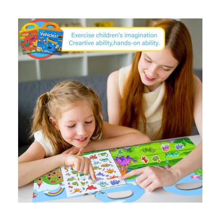 Reusable Sticker Book for Kids 2 Sets Dinosaur and Vehicles Moveable Scenes Activity Sticker Book Waterproof Toddler Sticker ...