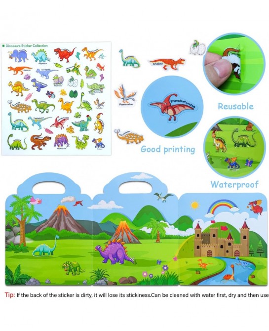 Reusable Sticker Book for Kids 2 Sets Dinosaur and Vehicles Moveable Scenes Activity Sticker Book Waterproof Toddler Sticker ...