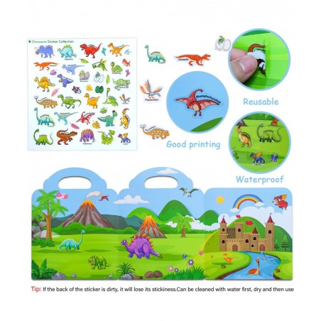Reusable Sticker Book for Kids 2 Sets Dinosaur and Vehicles Moveable Scenes Activity Sticker Book Waterproof Toddler Sticker ...
