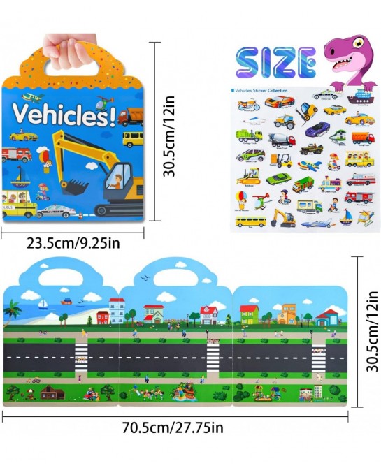 Reusable Sticker Book for Kids 2 Sets Dinosaur and Vehicles Moveable Scenes Activity Sticker Book Waterproof Toddler Sticker ...