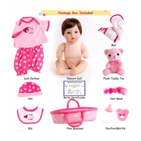 Lifelike Reborn Baby Dolls Pink Bassinet 18 inch Realistic Newborn Girl Doll in Soft Vinly and Weighted Body with 9-Piece Gif...