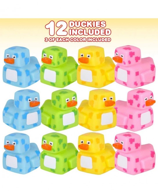 2.25 Inch Pixelated Rubber Duckies Pack of 12 Cute Duck Bath Tub Pool Toys in Assorted Colors Fun Decorations Carnival Suppli...