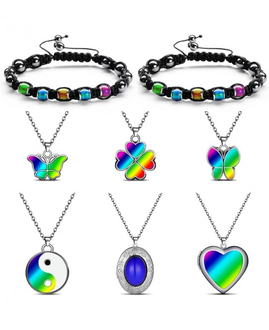 6 Pcs Mood Pendant Chain Necklace with 2 Pcs Adjustable Mood Bracelet Mood Necklaces Color Changing Mood Jewelry Thermochromi...
