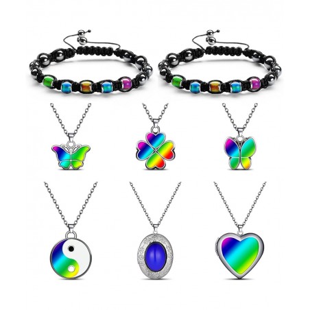 6 Pcs Mood Pendant Chain Necklace with 2 Pcs Adjustable Mood Bracelet Mood Necklaces Color Changing Mood Jewelry Thermochromi...