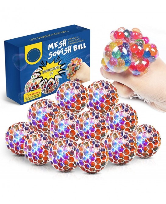 Mesh Squishy Balls 12 Pack LED Anti-Stress Squeeze Grape Balls with Water Beads Sensory Fidget Toy for Anxiety Relief for Chi...