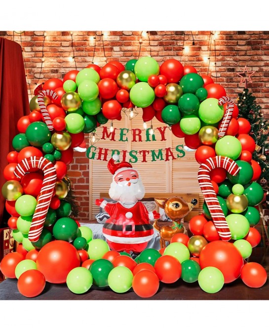 Christmas Balloon Garland Arch Kit with Red Dark Green metallic Gold Lime Green Balloon Santa Claus Balloon Elk Balloon Candy...