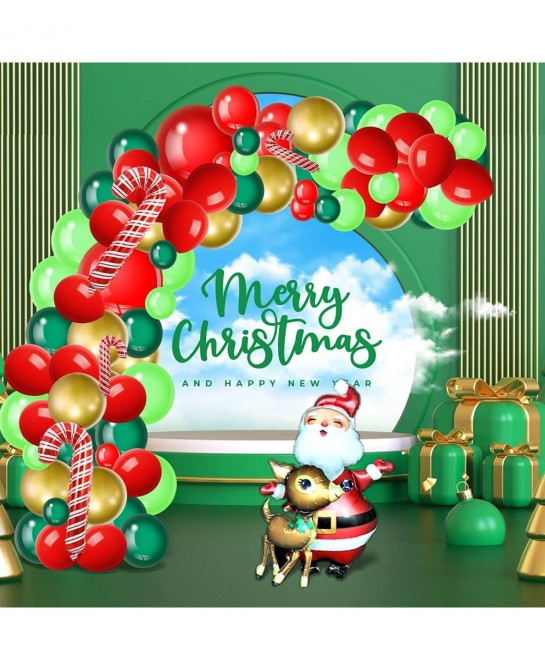 Christmas Balloon Garland Arch Kit with Red Dark Green metallic Gold Lime Green Balloon Santa Claus Balloon Elk Balloon Candy...