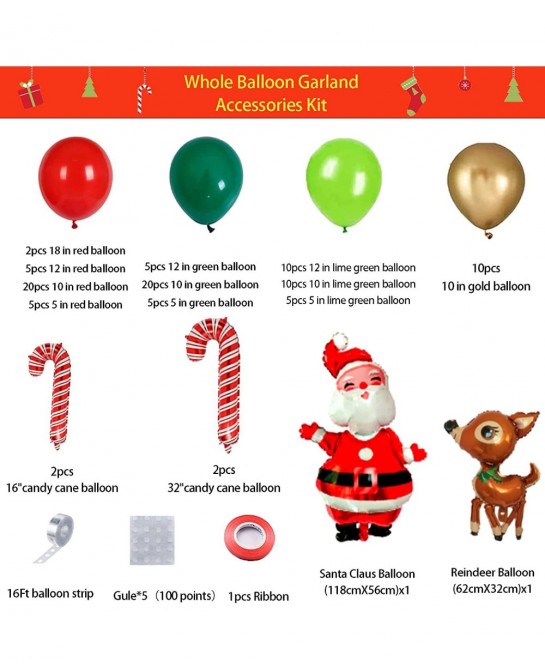 Christmas Balloon Garland Arch Kit with Red Dark Green metallic Gold Lime Green Balloon Santa Claus Balloon Elk Balloon Candy...