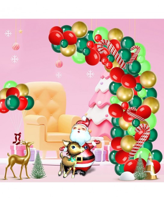 Christmas Balloon Garland Arch Kit with Red Dark Green metallic Gold Lime Green Balloon Santa Claus Balloon Elk Balloon Candy...