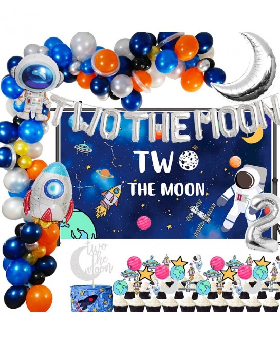 154 PCS Two the Moon 2nd Birthday Party Supplies 5x3 FT Outer Space Photography Backdrop 2 the Moon Balloons Arch Garland Kit...
