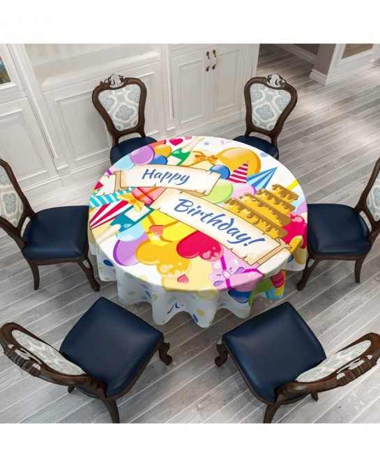 Round Tablecloth - Happy Birthday Banner with Birthday Cake Champagne Gifts Balloons Hearts and Confetti - Round Table Cover ...