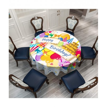 Round Tablecloth - Happy Birthday Banner with Birthday Cake Champagne Gifts Balloons Hearts and Confetti - Round Table Cover ...