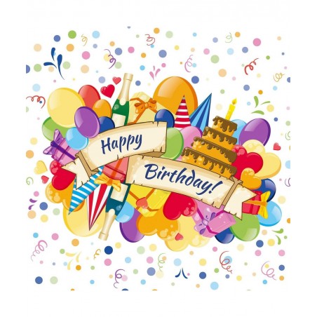Round Tablecloth - Happy Birthday Banner with Birthday Cake Champagne Gifts Balloons Hearts and Confetti - Round Table Cover ...