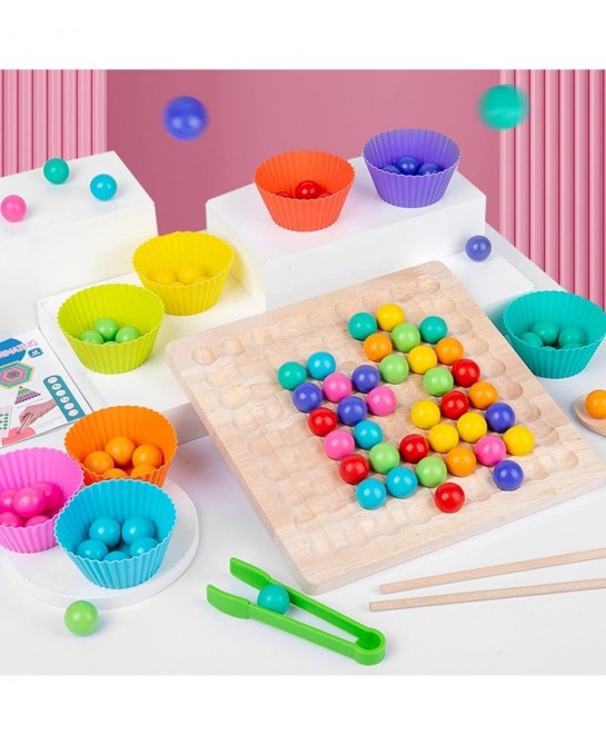 Kids Funny Rainbow Wooden Board Bead Game Wooden Peg Board Game Montessori Game Color Matching Sorting Learning Educational T...