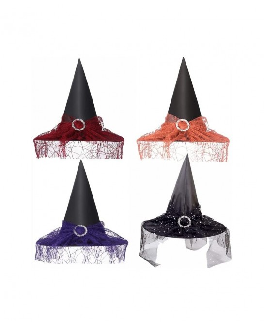 4 pcs Halloween Witch Hat Halloween Vintage Witch Hat See-Through Lace Veils Printed Hats Party Supplies Halloween Costume Ac...