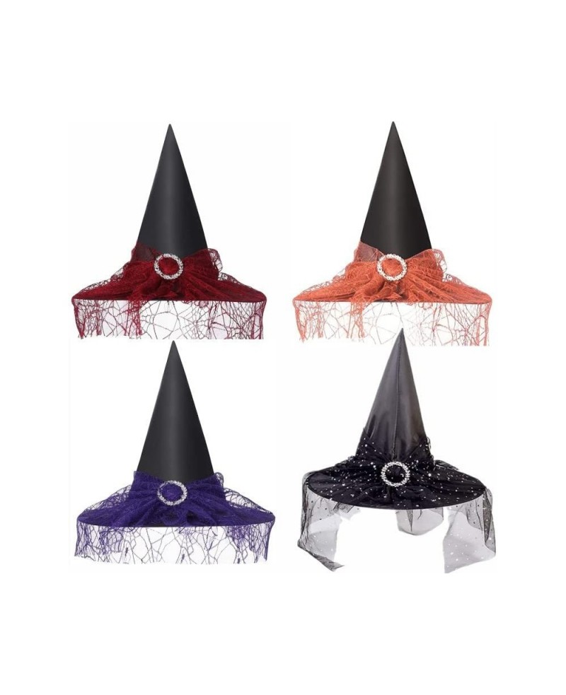 4 pcs Halloween Witch Hat Halloween Vintage Witch Hat See-Through Lace Veils Printed Hats Party Supplies Halloween Costume Ac...