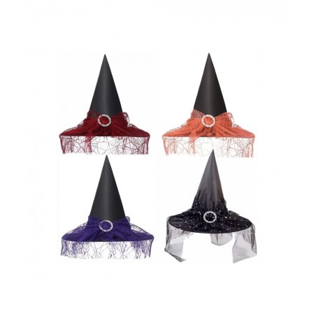 4 pcs Halloween Witch Hat Halloween Vintage Witch Hat See-Through Lace Veils Printed Hats Party Supplies Halloween Costume Ac...