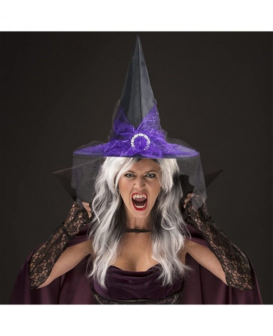 4 pcs Halloween Witch Hat Halloween Vintage Witch Hat See-Through Lace Veils Printed Hats Party Supplies Halloween Costume Ac...