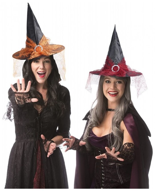 4 pcs Halloween Witch Hat Halloween Vintage Witch Hat See-Through Lace Veils Printed Hats Party Supplies Halloween Costume Ac...