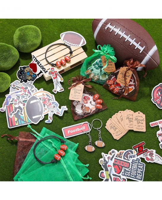 130 Pcs Football Party Favor Set Includes Adjustable Football Charm Bracelets Keychain Thank You Kraft Tags Green Brown Organ...
