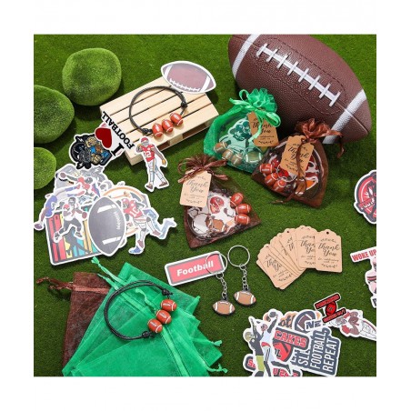 130 Pcs Football Party Favor Set Includes Adjustable Football Charm Bracelets Keychain Thank You Kraft Tags Green Brown Organ...