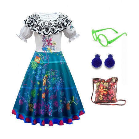 Encanto Mirabel Madrigal Outfit Cosplay Dress For Kids Girls Princess Costume Halloween Dress Up With Bag Glasses Earrings (7...
