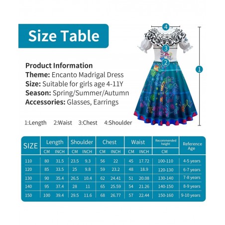 Encanto Mirabel Madrigal Outfit Cosplay Dress For Kids Girls Princess Costume Halloween Dress Up With Bag Glasses Earrings (7...