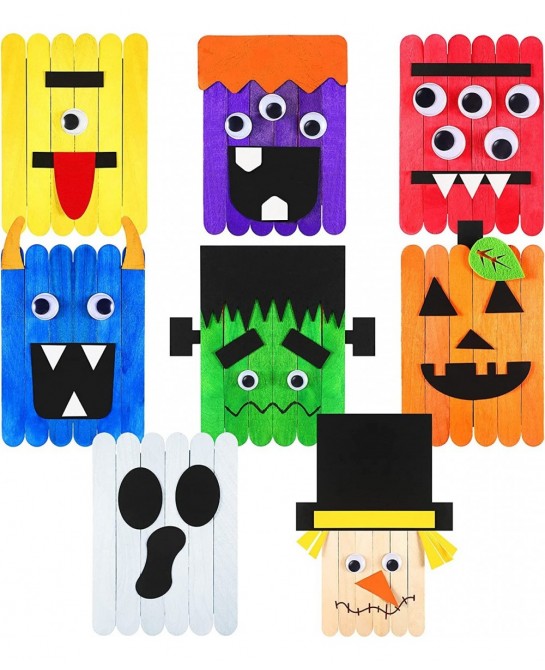 Halloween Arts and Crafts Kits for Kids Pumpkin Devil Arts Halloween Party Supplies Kit DIY Colorful Craft Sticks Ice Lolly A...