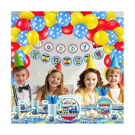 115 Pcs Train Birthday Decorations Transportation Party Supplies Train Paper Plates Car Birthday Banner Bus Party Tableware P...