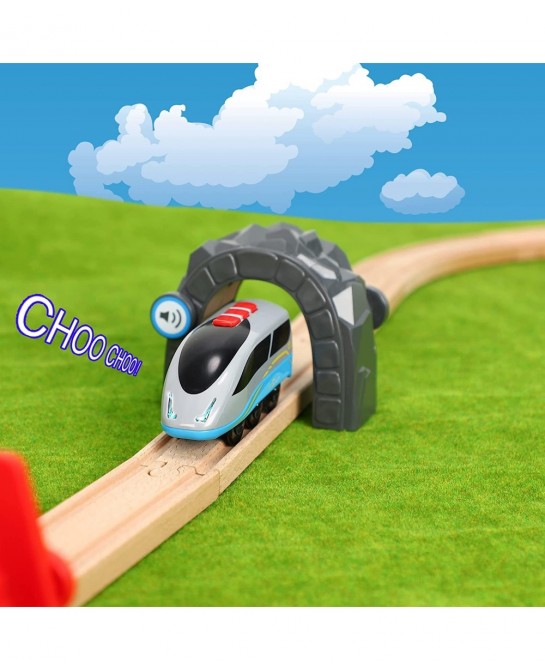 Wooden Train Accessories Battery Operated Locomotive Train Wireless Tech Sound Train with Train Tunnel Bridge 3Pcs Train Toys...
