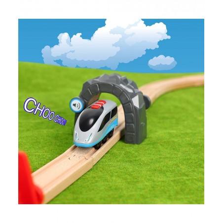Wooden Train Accessories Battery Operated Locomotive Train Wireless Tech Sound Train with Train Tunnel Bridge 3Pcs Train Toys...