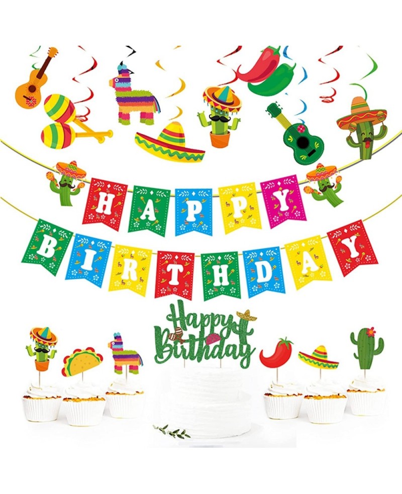 Mexican Theme Birthday Party Decorations Set Fiesta Party Supplies Pre-Strung Happy Birthday Banner Cupcake Cake Toppers Cact...