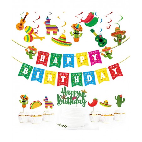 Mexican Theme Birthday Party Decorations Set Fiesta Party Supplies Pre-Strung Happy Birthday Banner Cupcake Cake Toppers Cact...