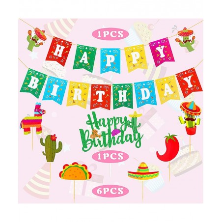 Mexican Theme Birthday Party Decorations Set Fiesta Party Supplies Pre-Strung Happy Birthday Banner Cupcake Cake Toppers Cact...