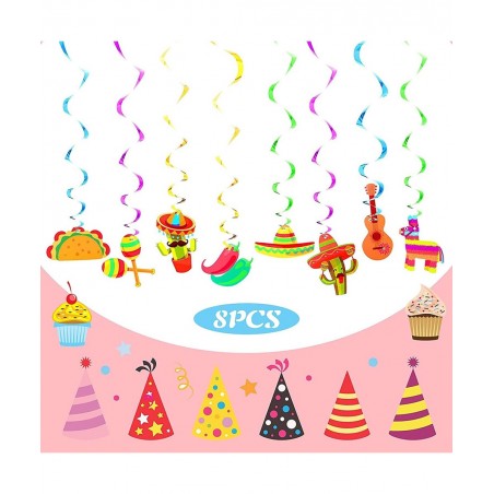 Mexican Theme Birthday Party Decorations Set Fiesta Party Supplies Pre-Strung Happy Birthday Banner Cupcake Cake Toppers Cact...