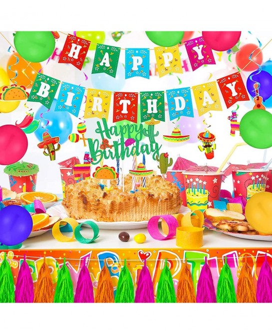 Mexican Theme Birthday Party Decorations Set Fiesta Party Supplies Pre-Strung Happy Birthday Banner Cupcake Cake Toppers Cact...