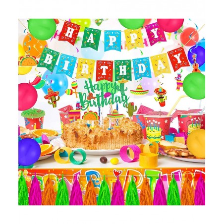 Mexican Theme Birthday Party Decorations Set Fiesta Party Supplies Pre-Strung Happy Birthday Banner Cupcake Cake Toppers Cact...