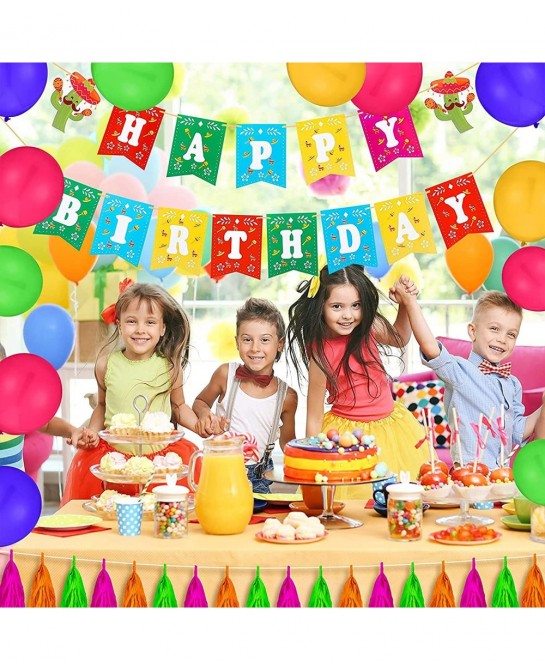 Mexican Theme Birthday Party Decorations Set Fiesta Party Supplies Pre-Strung Happy Birthday Banner Cupcake Cake Toppers Cact...