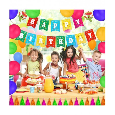 Mexican Theme Birthday Party Decorations Set Fiesta Party Supplies Pre-Strung Happy Birthday Banner Cupcake Cake Toppers Cact...