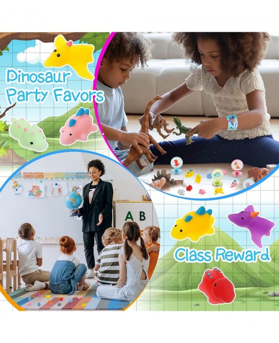 100 Pcs Dino Party Favors Set Dinosaur Mochi Slap Bracelet Keychain Stamp for Christmas Gift Birthday Supplies Classroom Priz...