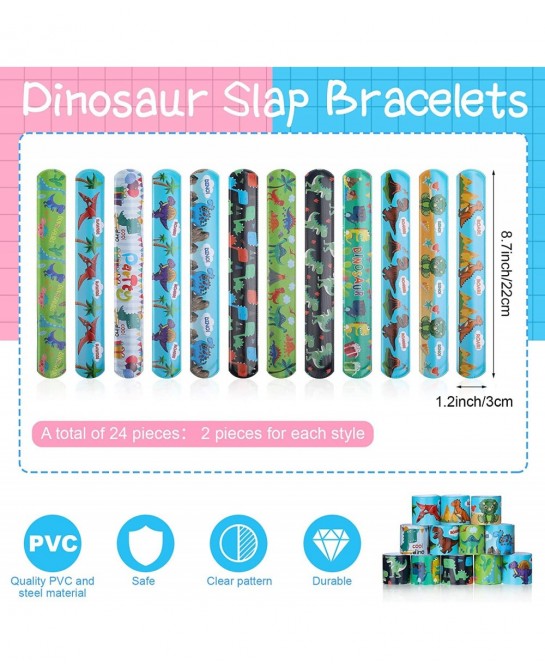 100 Pcs Dino Party Favors Set Dinosaur Mochi Slap Bracelet Keychain Stamp for Christmas Gift Birthday Supplies Classroom Priz...