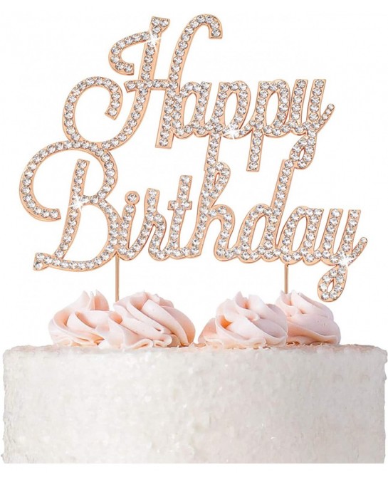 Happy Birthday Cake Topper - Premium Rose Gold Metal - Happy Birthday Party Sparkly Rhinestone Decoration Makes a Great Cente...