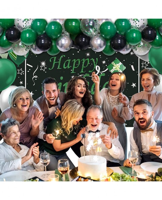 Green Black Birthday Party Decorations Birthday Decorations for Men Women Glittery Happy Birthday Backdrop Banner Balloon Gar...