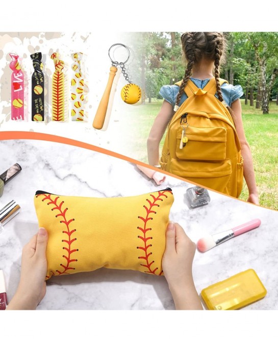 52 Pcs Softball Party Favors Gift Set Includes 4 Softball Makeup Bags 8 Hair Scrunchies 8 Keychains 8 Lipstick Holder 12 Hair...